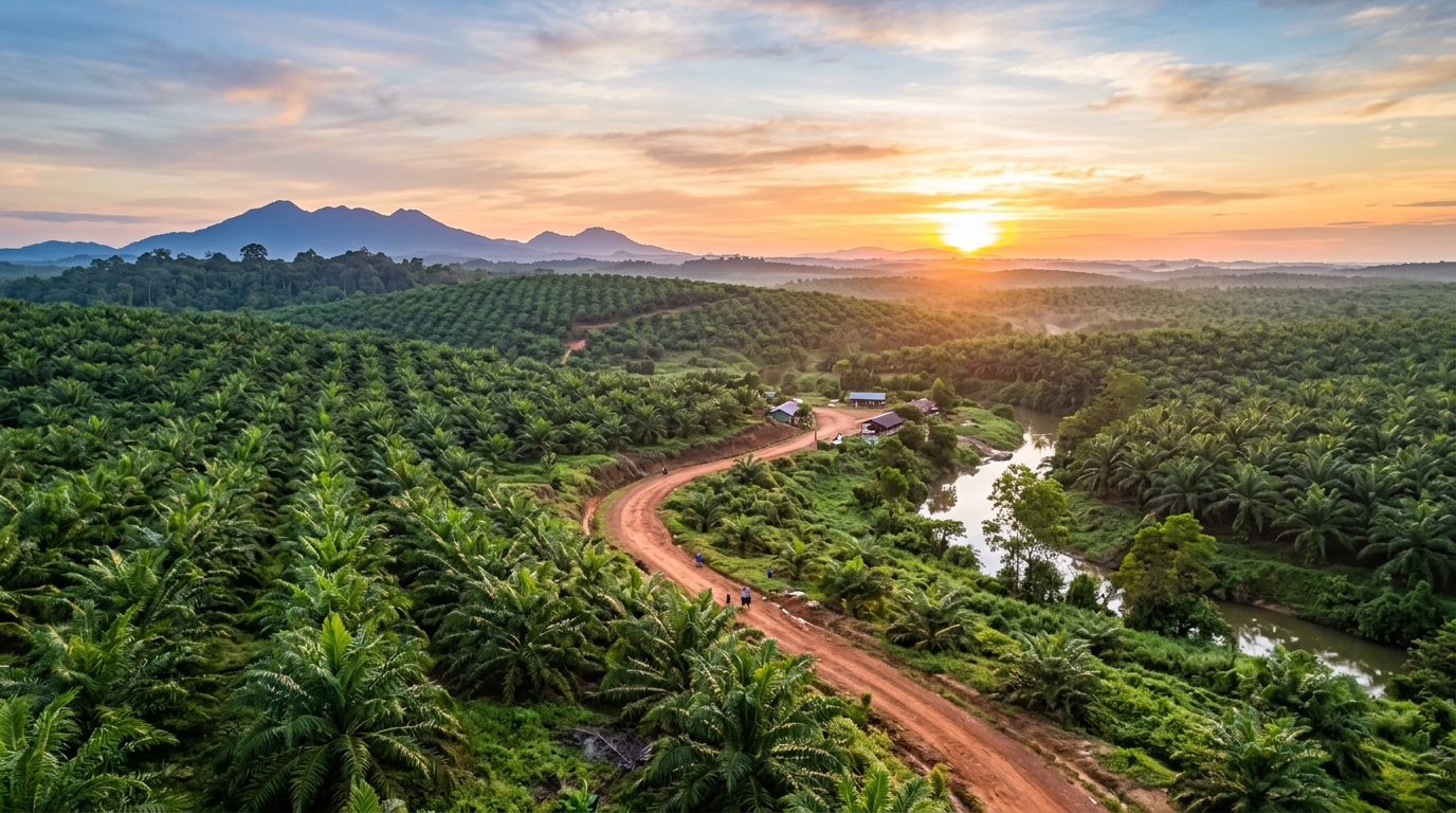 Plantacja palm olejowych w Indonezji o wschodzie słońca