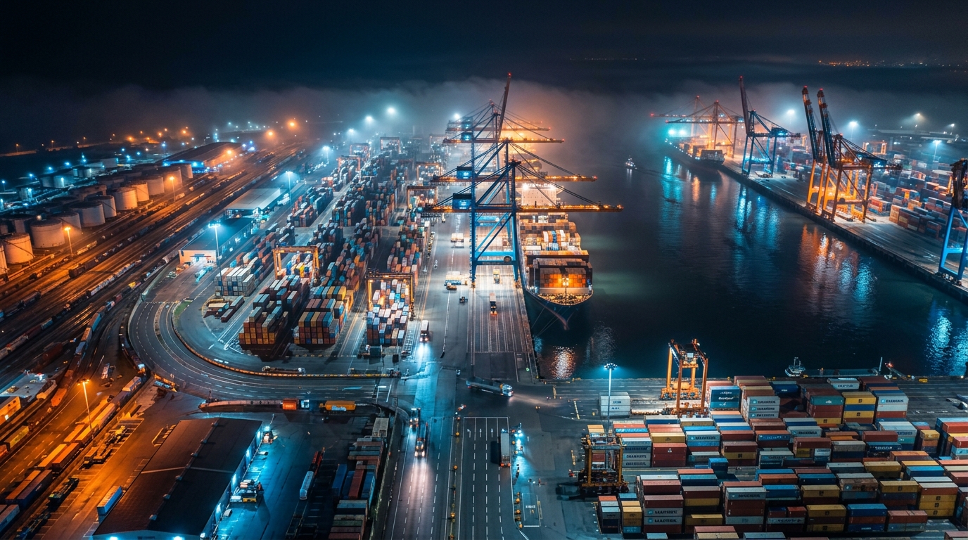 Nowoczesny port morski z żurawiami i kontenerami nocą